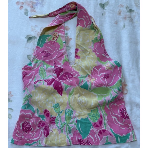 Lilly Pulitzer Tops - Lilly Pulitzer Halter Top Small Vtg White Label Butterfly Floral Resort Beach